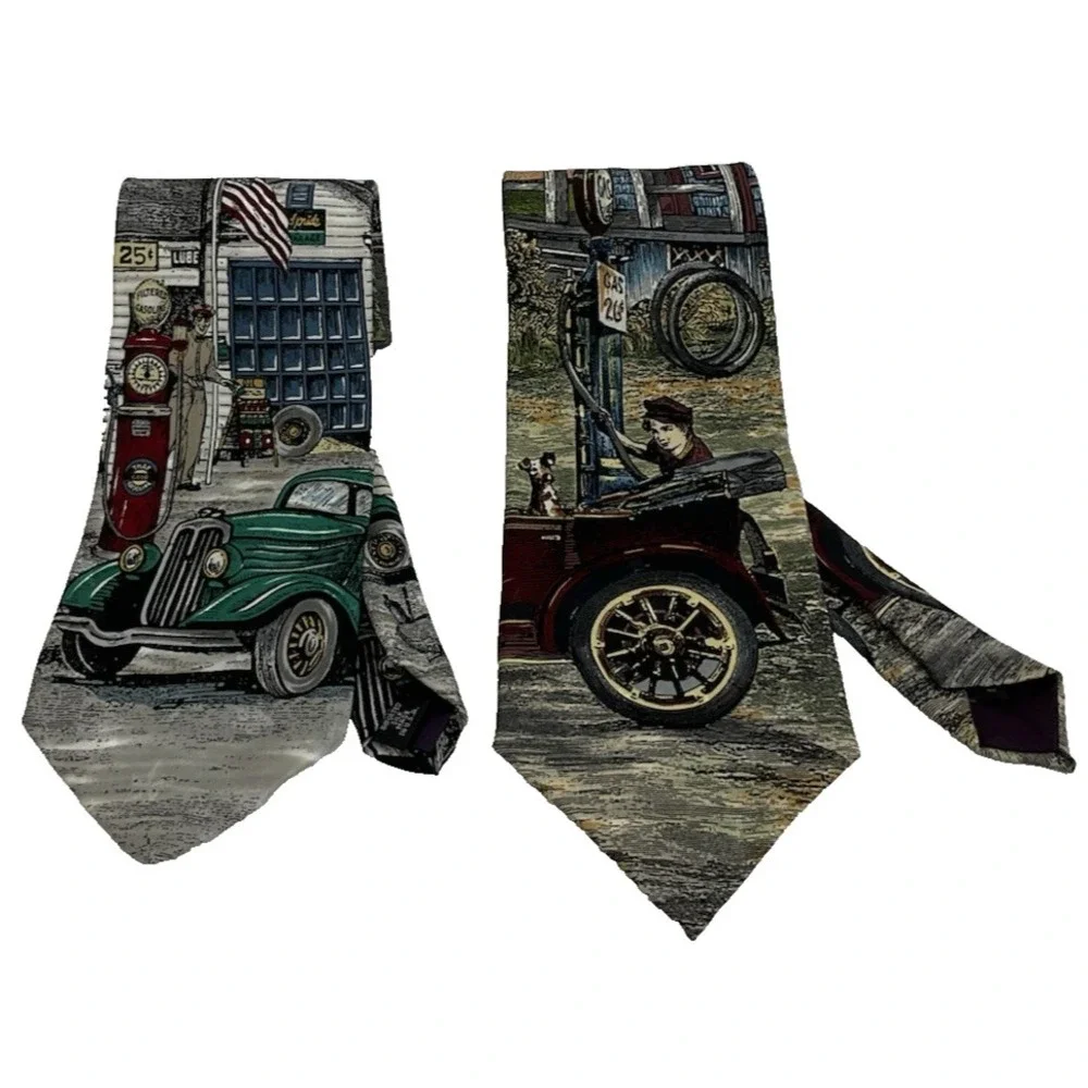 Vintage Tango Max Raab‎ Silk Tie Lot 2 Americana Series Gas Station Car 90s